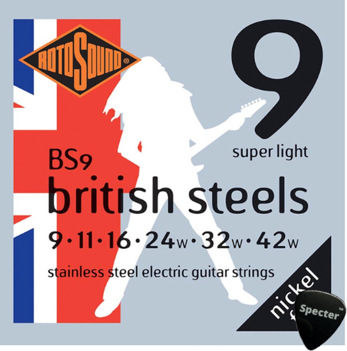 Rotosound British Steel Snarenset Elektrische Gitaar Met Specter Plectrum - 009 - 042 Set - Gitaar Snaren