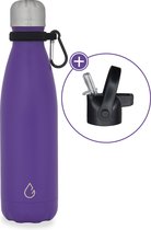 Wattamula Design eco RVS drinkfles - paars - extra dop met rietje en carrier - 500 ml - waterfles - thermosfles - sport