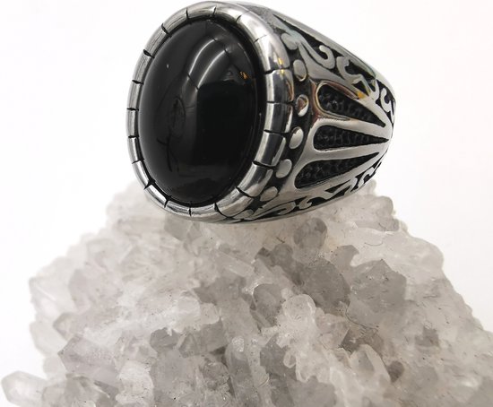 RVS ovale edelsteen ring met Onyx maat 22. Geweldig cadeau te geven of zelf dragen.