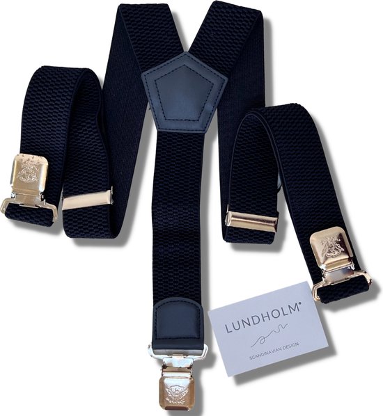 Lundholm Bretels heren volwassenen donkerblauw 3 clips - extra stevig hoge kwaliteit - Scandinavisch design - mannen cadeautjes tip | Lundholm Bastad serie