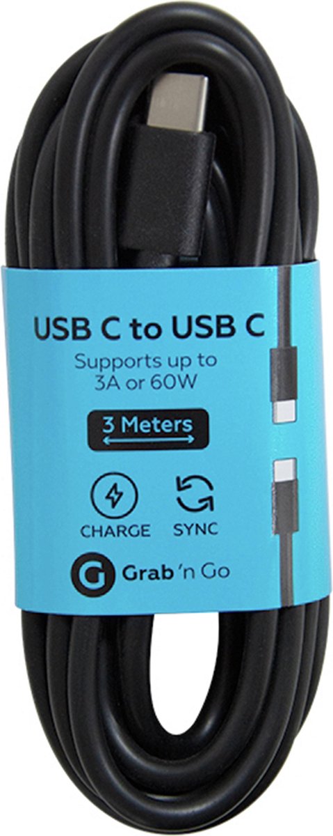 Grab n Go USB-C naar USB-C Kabel 3 Meter - Zwart