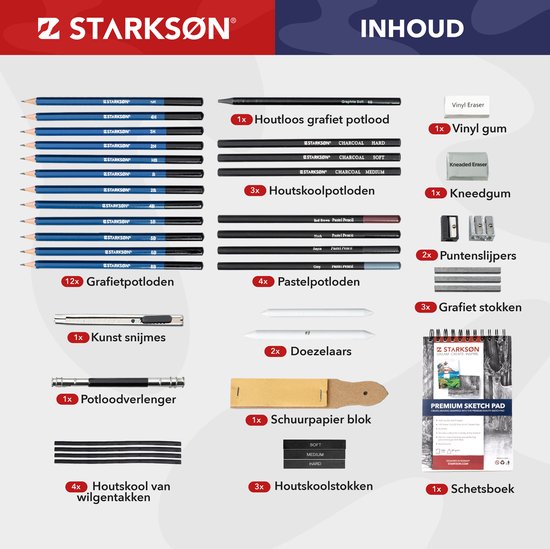 STARKSØN Professioneel 41-Delige Potloden Tekenset incl. Tekenpotloden, Schetspotloden, Schetsboek & Accessoires - Tekenen met Houtskool & Grafiet