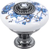 SIRO meubelknop wit porselein - Blauwe bloemen & vlinder - Ø 32 mm x 30 mm hoog - Voet antiek zilver