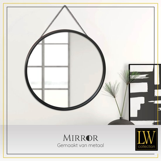 LW Collection wandspiegel met touw zwart rond 50x50 cm metaal - grote spiegel muur - industrieel - woonkamer gang - badkamerspiegel - muurspiegel slaapkamer zwarte rand - hangspiegel met luxe design