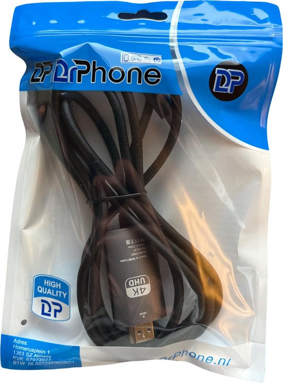 Un câble USB-C vers HDMI noir DrPhone dans un emballage bleu et blanc avec le logo 'HIGH QUALITY DP'.