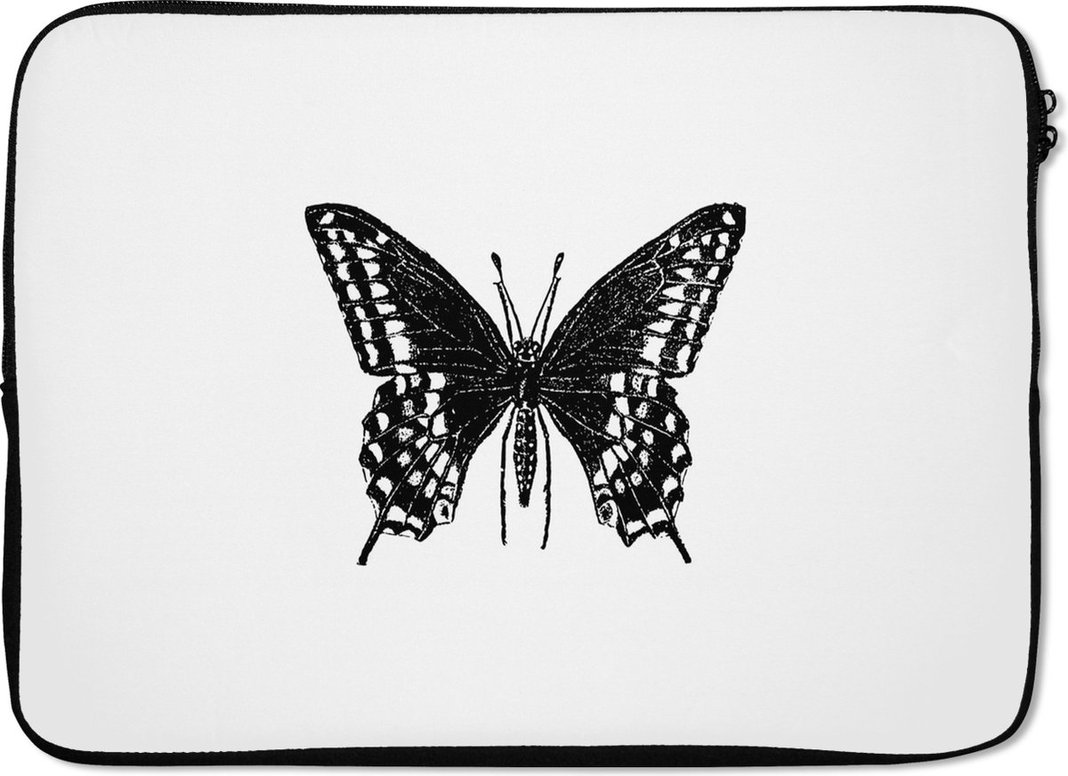 Laptophoes 13 inch - Vlinder - Dieren - Retro - Zwart wit - Laptop sleeve - Binnenmaat 32x22,5 cm - Zwarte achterkant