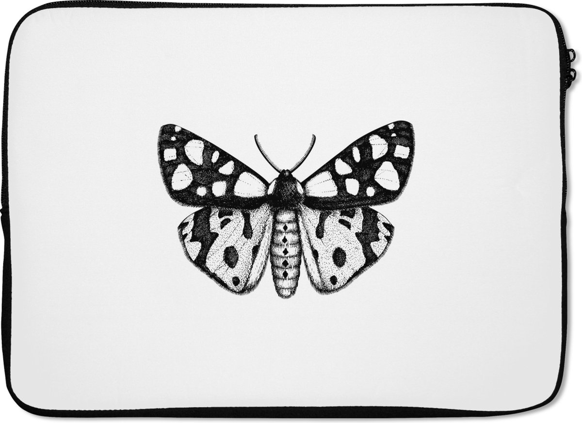 Laptophoes 14 inch - Vlinder - Botanisch - Vintage - Zwart wit - Laptop sleeve - Binnenmaat 33x23 cm - Zwarte achterkant