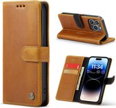 Casemania Echt Leren Hoesje Geschikt voor Apple iPhone 14 Pro - Bruin - Leer Wallet Hoes - Portemonnee Book Cover met Pasjeshouder