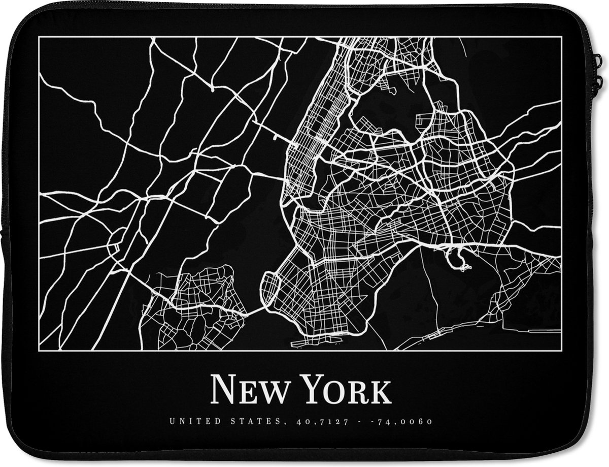 Laptophoes 17 inch - Kaart - New York - Stadskaart - Plattegrond - Laptop sleeve - Binnenmaat 41x28 cm - Zwarte achterkant - Stadskaart