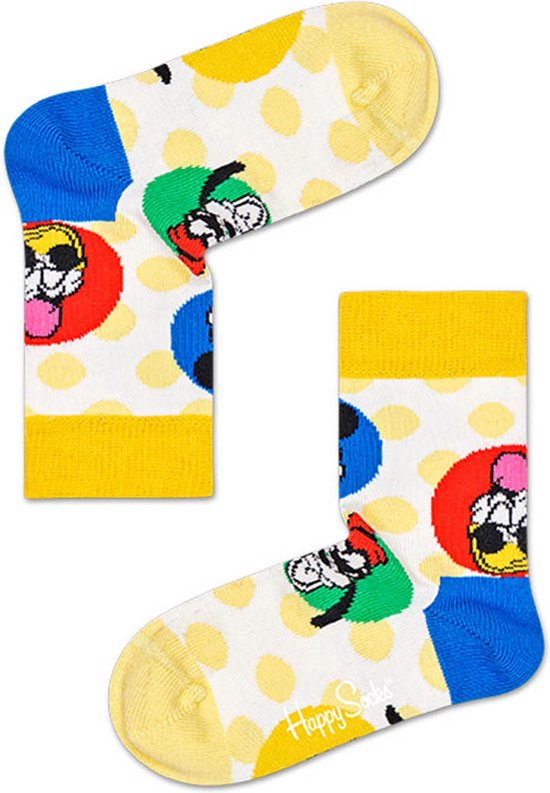 Witte sokken met gele stippen, Mickey Mouse, Donald Duck, Pluto en Goofy print. Gele boord, blauwe tenen.