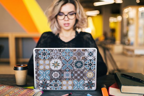 Sticker ordinateur portable - 14 pouces - Fleurs - Motifs - Blauw - Marron