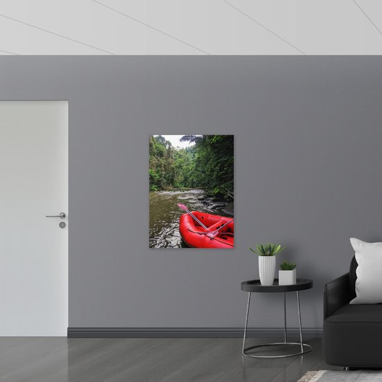 WallClassics - Bois - Canoë Rouge en Rivière - 75x100 cm - 12 mm d'épaisseur - Photo sur Bois (Avec Système d'accrochage)