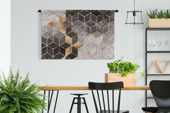 Tapisserie - Tapisserie - Abstrait - Cube - Or - Motifs - Zwart - Wit - 150x100 cm - Tapisserie