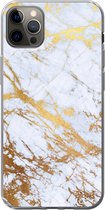 Geschikt voor iPhone 13 Pro Max hoesje - Marmer print - Goud - Wit - Luxe - Marmer printlook - Glitter - Siliconen Telefoonhoesje