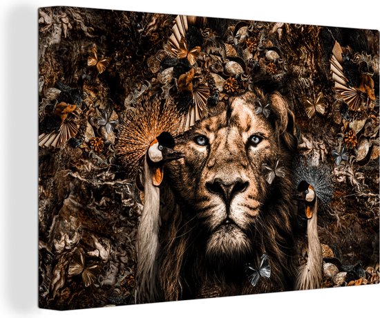 Canvas - Schilderij - Dieren - Leeuw - Safari - Afrika - Vlinder - Luxe - Vogel - Planten - 120x80 - Wanddecoratie - Schilderijen woonkamer