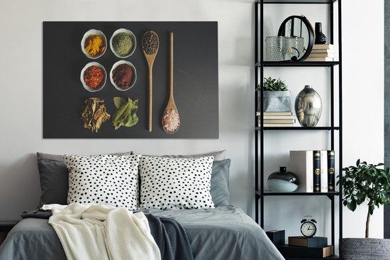 Peinture sur toile Louche - Épices - Herbes - Vert - Marron - Rustique - 140x90 cm - Décoration murale