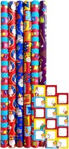 Assortiment sinterklaaspapier cadeaupapier inpakpapier voor Sinterklaas - 3 meter x 70 cm - 12 rollen inclucief labels