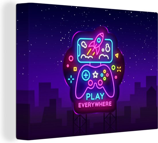 Canvas Schilderij Gaming - Neon - Play - Blauw - Nacht - Controller - 80x60 cm - Wanddecoratie - Game Kamer