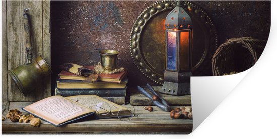 Stickers muraux Muraux - Feuille Autocollant - Boek - Nature Morte - Noyer - Lanterne - Vintage - 80x40 cm - Feuille Adhésive - Stickers muraux Chambre Enfant - Papier Peint Auto Adhésif