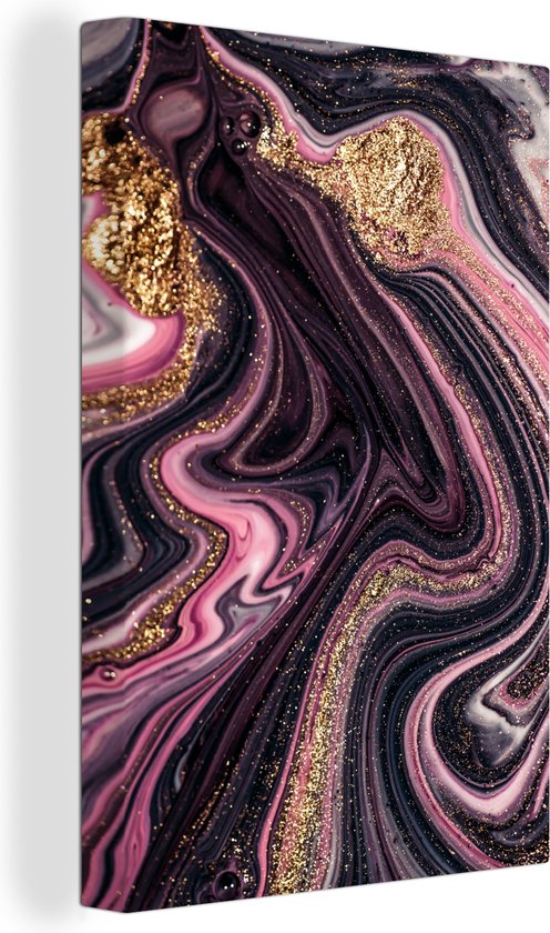 Canvas Schilderij Marmerlook - Roze - Paars - Goud - Luxe - Marmer - 40x60 cm - Wanddecoratie