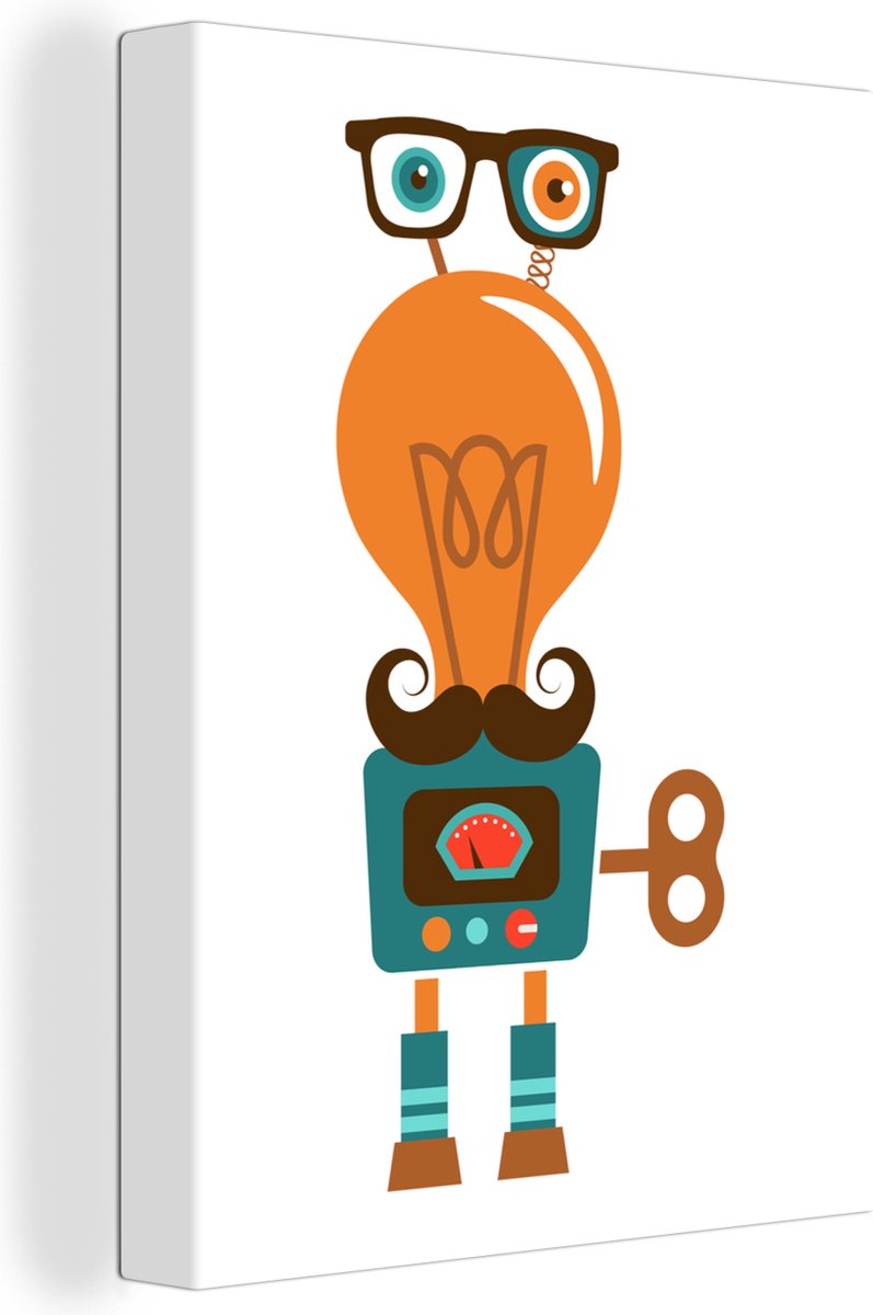Canvas schilderij 60x80 cm - Wanddecoratie Robot - Bril - Gloeilamp - Snor - Kinderen - Jo