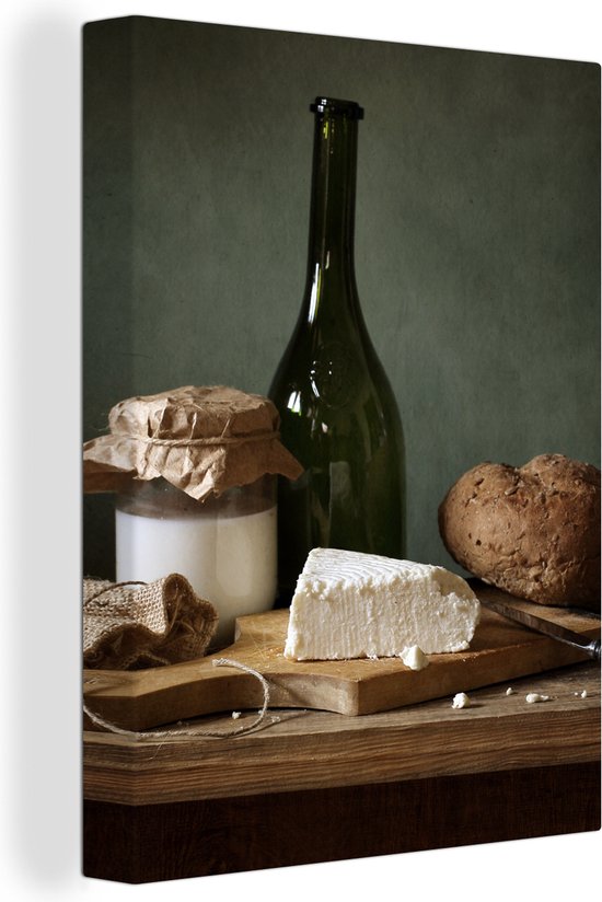 Canvas Schilderij Rustiek - Brie - Stilleven - Fles - Brood - 60x80 cm - Wanddecoratie