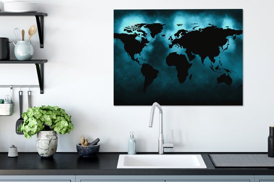 Wereldkaart Toile - 80x60 - Décoration murale Wereldkaart - Zwart - Blauw