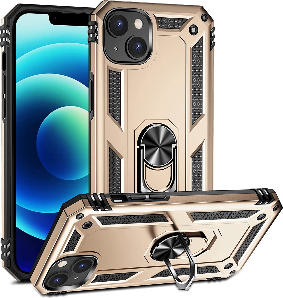 Anti-Shock Hybrid Ring Armor Hoesje Geschikt voor: iPhone 14 Plus - goud