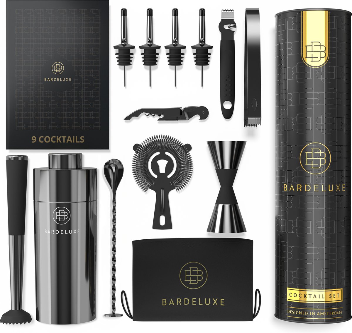 BarDeluxe® Cocktail Set - 12-Delig - Cocktailshaker 750 ml - Roestvrij Staal - Inclusief Luxe Geschenkdoos - Opbergtasje & Receptenboek - Zwart — cadeau in Kookcadeaus - foto 2
