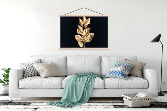 Posterhanger incl. Poster 120x80 cm - Schoolplaat - Plant - Bladeren - Goud - Zwart - Luxe - Textielposter - Blanke latten