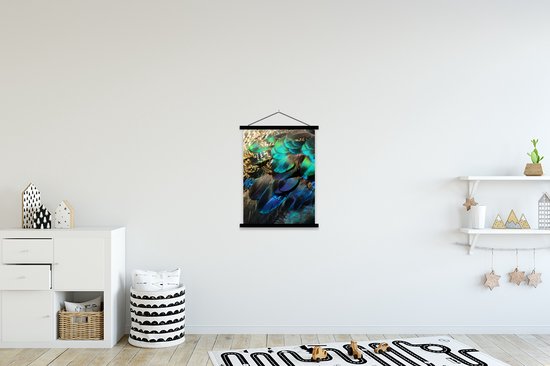 Porte-affiche avec affiche - Affiche scolaire - Ressorts - Plumes de paon - Paon - Blauw - Art - 60x80 cm - Lattes noires