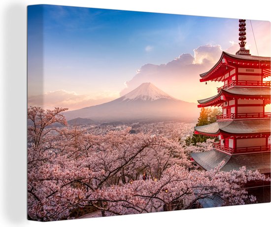 Peinture sur toile - Pagode - Japon - Sakura - Fuji - Paysage - Peinture sur toile - Peintures sur toile - 90x60 cm - Décoration murale - Salon