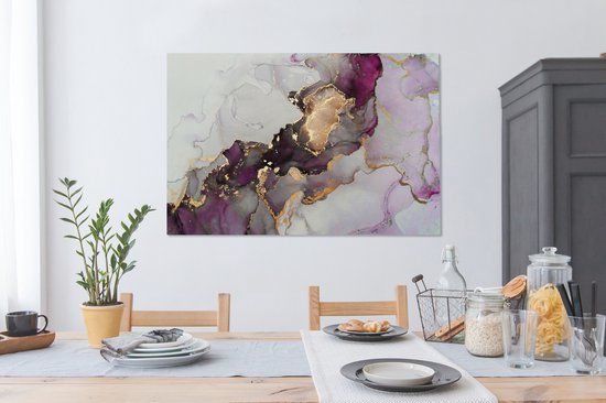 Toile Peinture Marbre - Abstrait - Or - Violet - 140x90 cm - Décoration murale