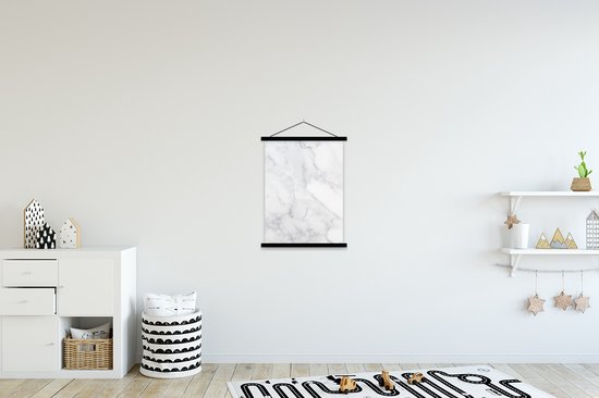 Support mural pour affiche inclus. Affiche 90 x 120 cm - Affiche scolaire - Effet marbre - Wit - Grijs - Luxe - Aspect marbre - Pierre - Affiche textile - Lattes noires