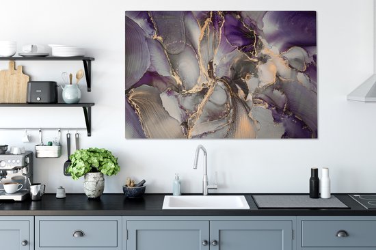 Toile Peinture Or - Violet - Marbre - 140x90 cm - Décoration murale