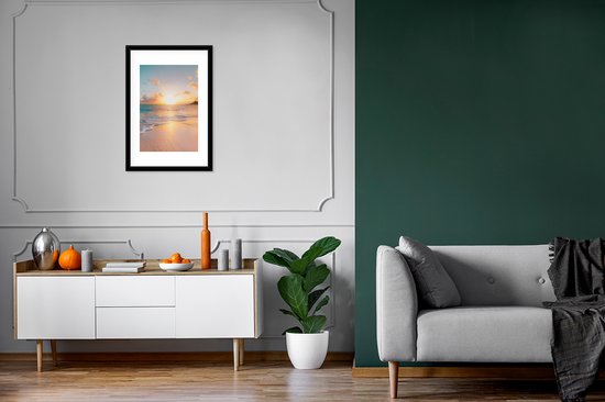 Poster in lijst - Fotolijst 40x60 cm - Posters - Zonsondergang - Strand - Zee - Zomer - Blauw - Posterlijst zwart - Decoratie - Wanddecoratie woonkamer - Muurdecoratie slaapkamer