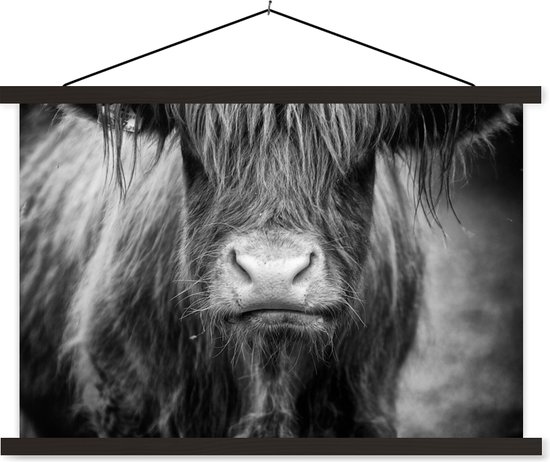 Posterhanger incl. Poster 150x100 cm - Schoolplaat - Schotse hooglander - Koe - Zwart - Wit - Dieren - Textielposter - Zwarte latten