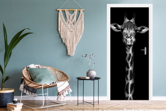 Sticker pour porte Girafe - Portrait - Animaux - Zwart - Wit - 90x215 cm - Affiche de porte