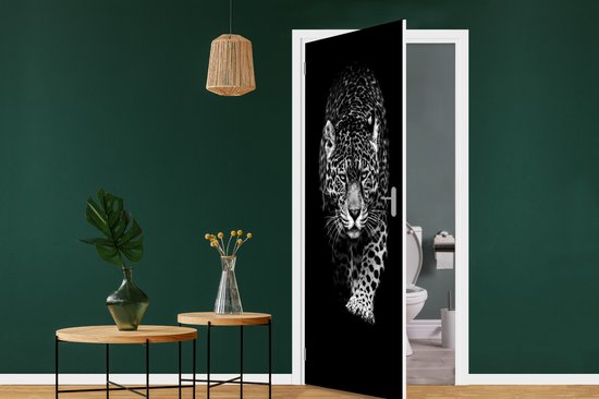 Deursticker Dieren - Zwart - Luipaard - Wit - Wild - 75x205 cm - Deurposter