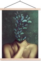 Posterhanger incl. Poster 60x80 cm - Schoolplaat - Torso - Stilleven - Vlinders - Blauw - Textielposter - Blanke latten
