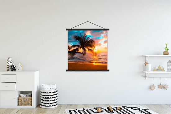 Support pour affiches avec affiche 90x90 cm - Affiche scolaire - Palmier - Coucher de soleil - Horizon - Plage - Mer - Tropical - Affiche textile - Lattes noires