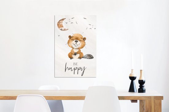 Décoration murale Métal - Peinture Aluminium Industriel - Citations - Be happy - Enfants - Lune - Castor - Aquarelle - 40x60 cm - Dibond - Photo sur aluminium - Décoration murale industrielle - Pour le salon/chambre