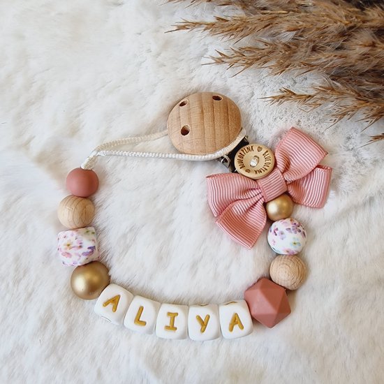 Blue or Pink - Speenkoord met naam- Roze/goud/bloemen/hout- met strik- Gepersonaliseerd- Kraamcadeau-Meisje