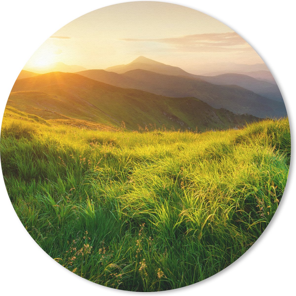 Muismat rond 20x20 cm - Mousepad Gras - Heuvels - Zon - Natuur - Landschap - Ronde muismatten