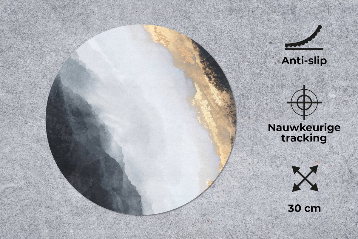 Muismat rond 30x30 cm - Mousepad Abstract - Verf - Goud - Zwart - Marmer print - Ronde muismatten