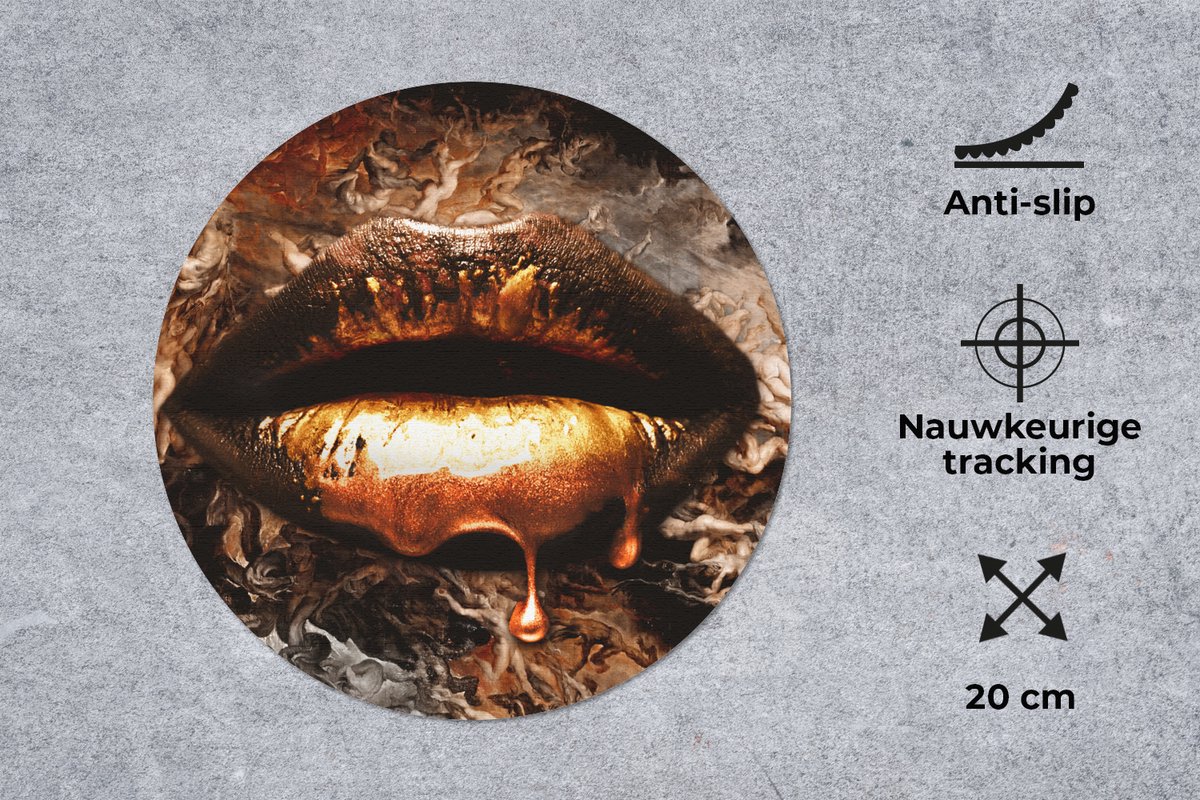 Muismat rond 20x20 cm - Mousepad Goud - Lippen - Kunst - Goud - Luxe - Abstract - Ronde muismatten