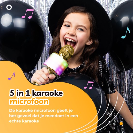 AyeKids 5-in-1 Karaoke Microfoon - Draadloos & Bluetooth – Ingebouwde Speaker & Disco Lichten – Incl. AUX-kabel - Microfoon Kinderen - Karaoke Set - Goud - AyeKids