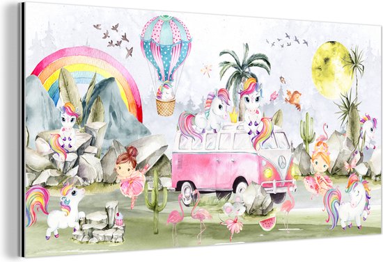 Wanddecoratie Metaal - Aluminium Schilderij - Unicorn - Regenboog - Kinderen - Luchtballon - Roze