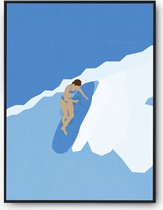 surf poster blauw | surfende vrouw | golfsurfen A3