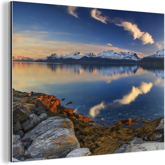 Zonsondergang aan de kust van het fjord Aluminium 60x40 cm - Foto print op Aluminium (metaal wanddecoratie)